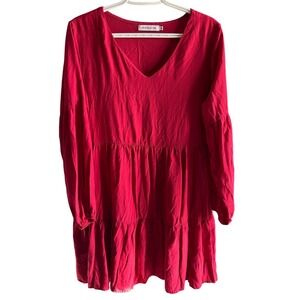 MISSLOOK Red Tiered Long Sleeve V Neck Casual Dress Women's Size M